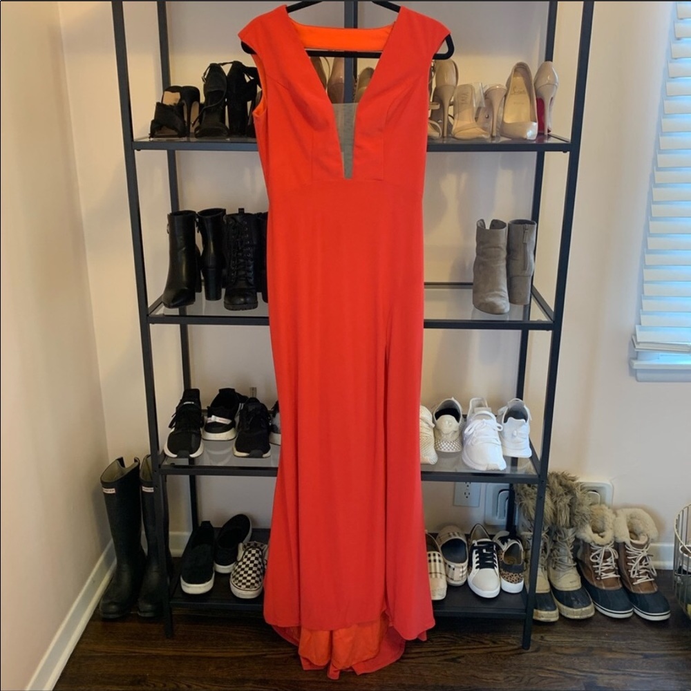 Red Slit Gown, Mesh Plunge Prom/Evening Dress